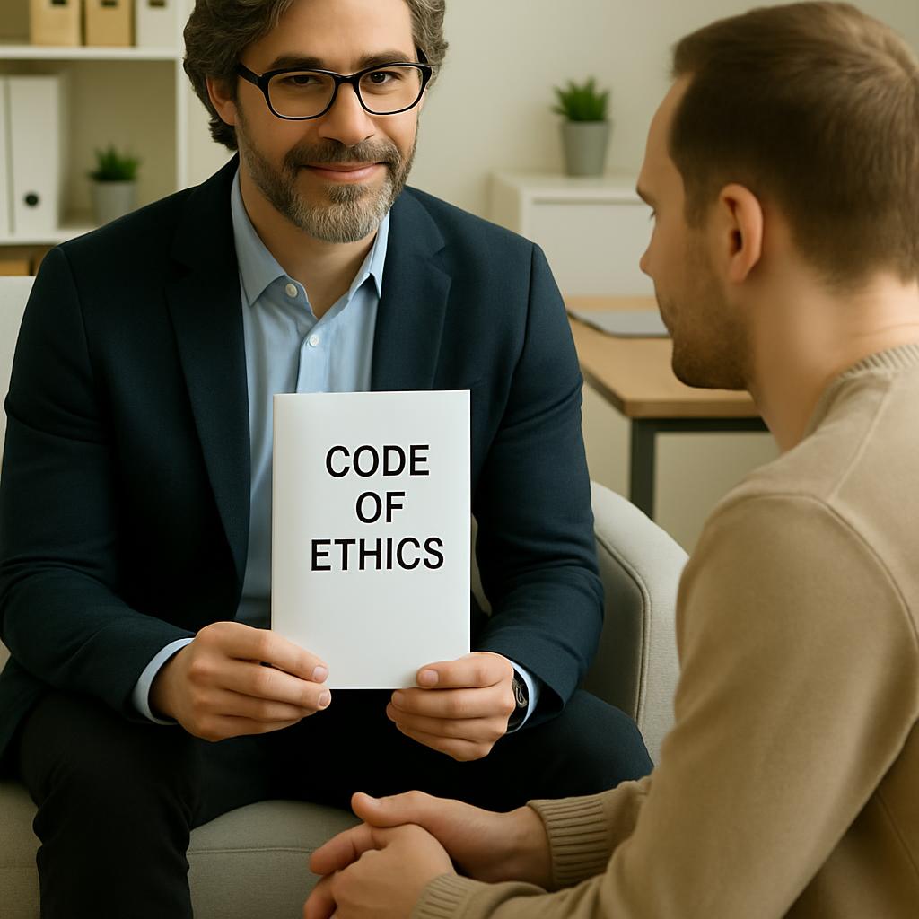 Two men sitting facing each other, one holding a white card with the words 'code of ethics' in a clean, simple format.