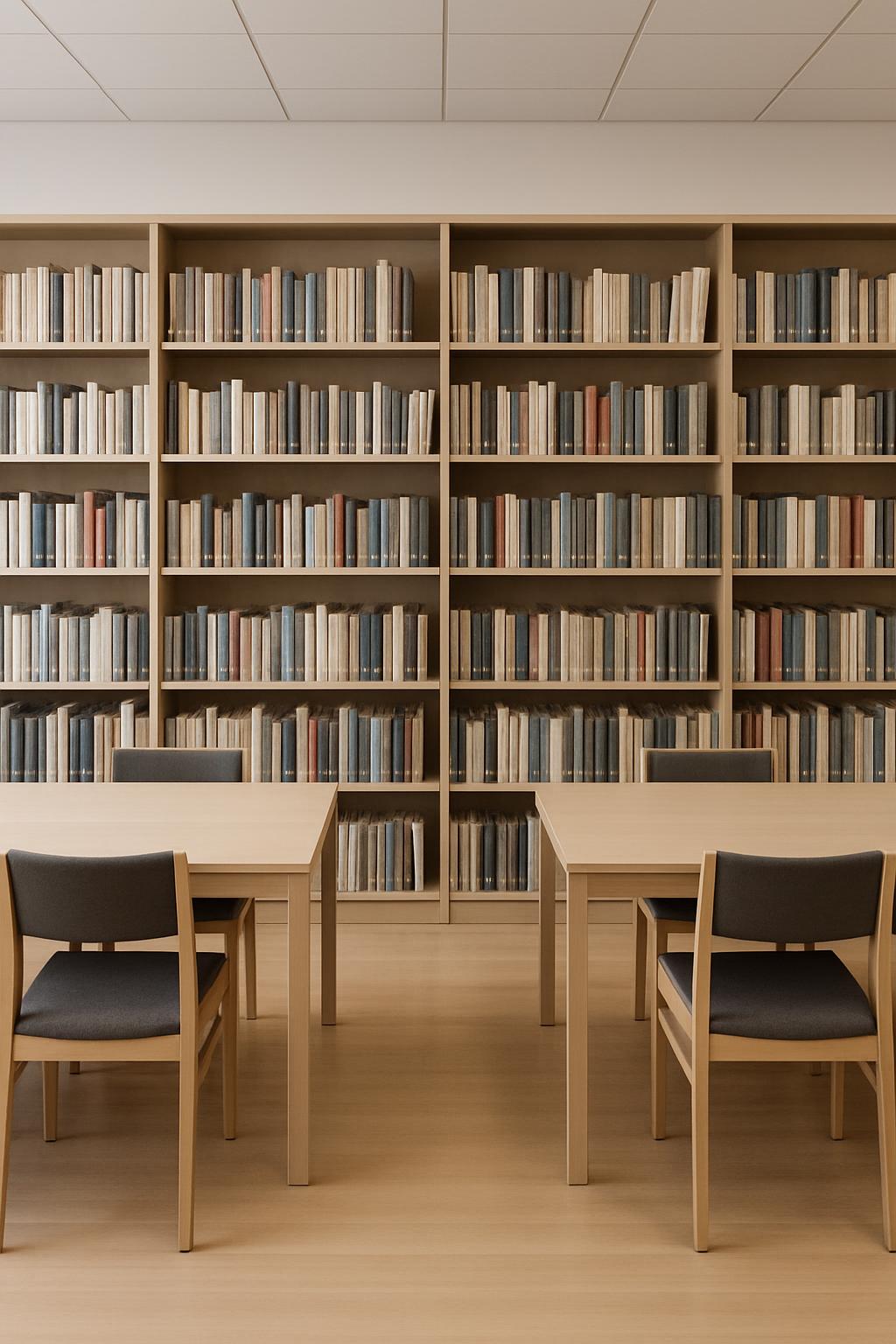 A large library room with a table and chairs in front of the wall, featuring a bookshelf that contains multiple books is a...