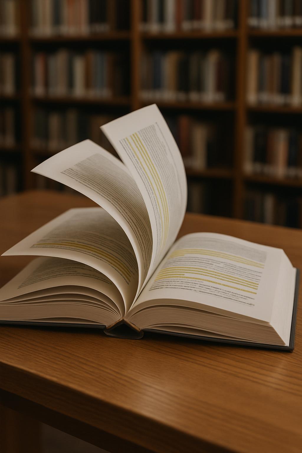 A close-up of an open book sitting on a wooden table. Three of the four upper page edges appear to be bent or lifted. No b...