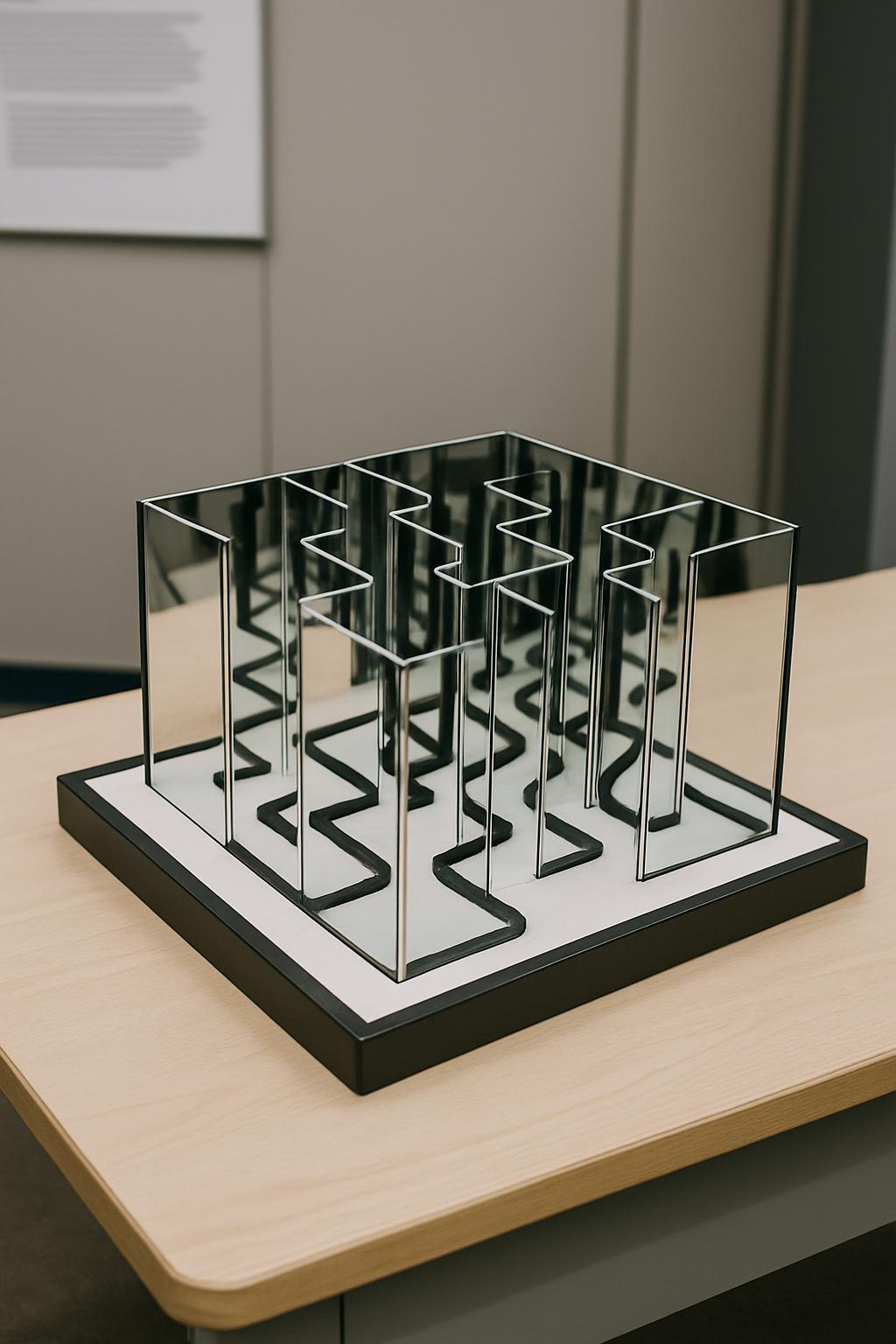 A Minimalist Metal Maze Sculpture Featuring Mirrored Walls and Flat Black Base Placed on a Light-Colored Wooden Table in a...