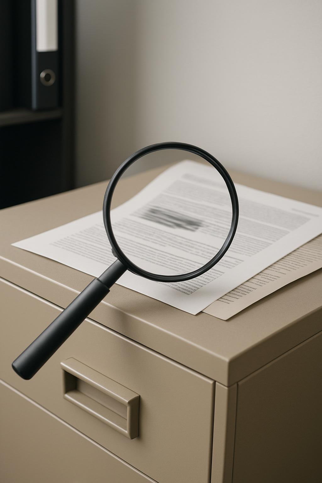 A magnifying glass on a desk drawer, examining a document.