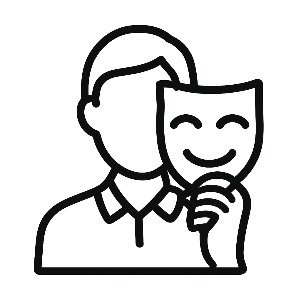 Illustration of a person holding a comedy and tragedy theater mask.