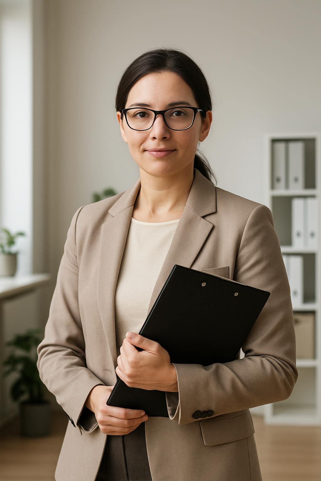 The person in the photo is a woman dressed in business professional attire, likely a well-dressed office worker holding a ...